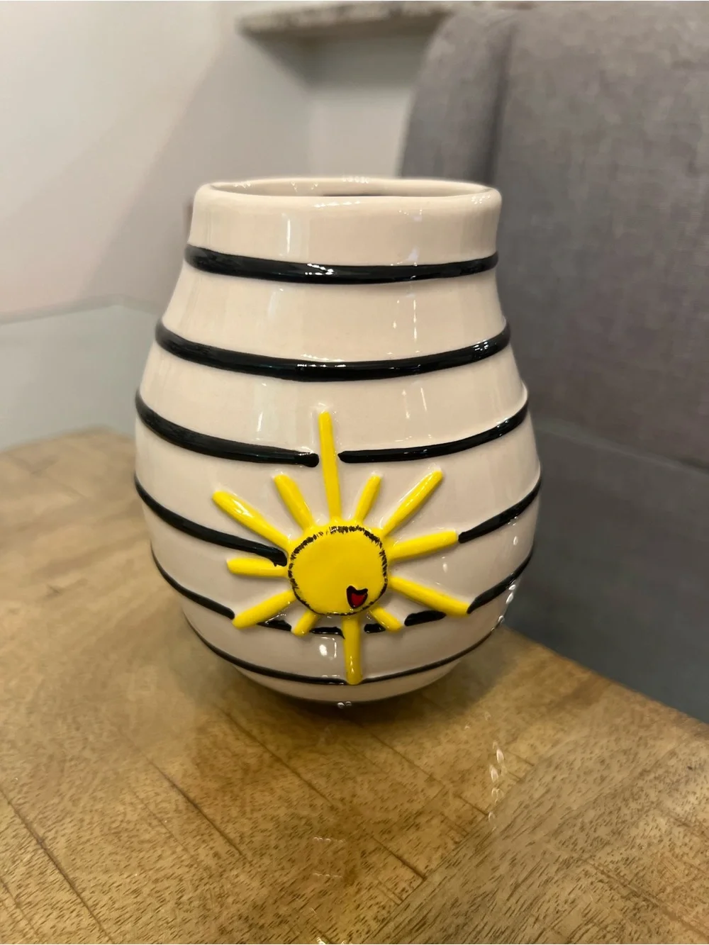 DEMDACO Black and White Stripe Yellow Sun stoneware decorative vase